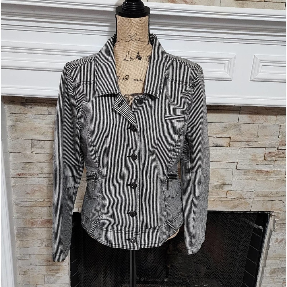 Ruff Hewn‎ black and white striped zipper detail jacket blazer size large